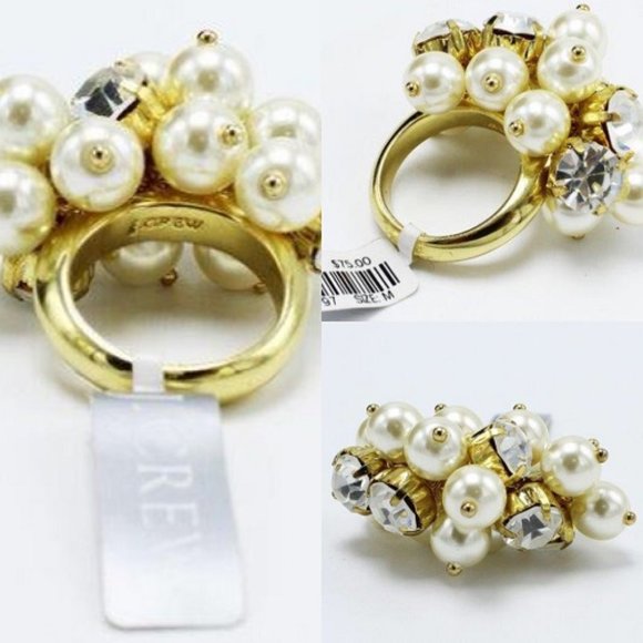 J. Crew Gold Pearl Cubic Zirconia Statement Ring - Picture 1 of 6